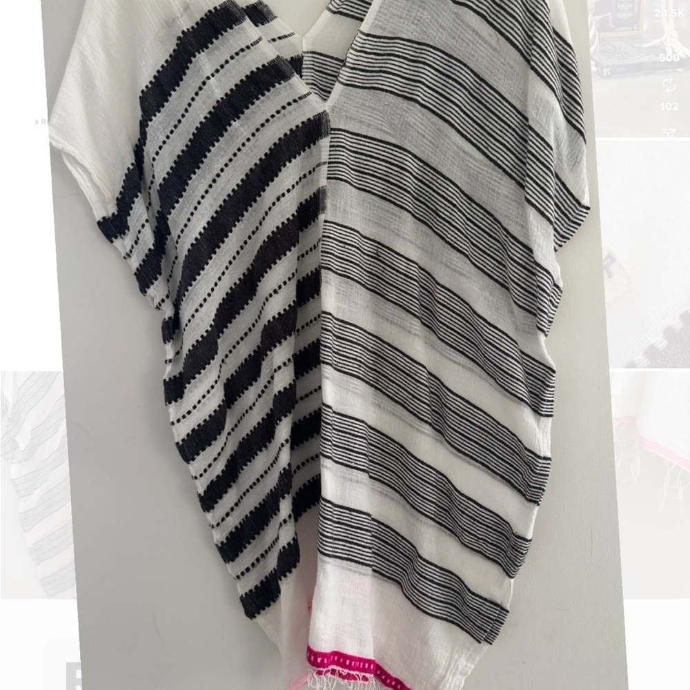 Lemlem Black and White Striped Beach cover up with Pink Accents